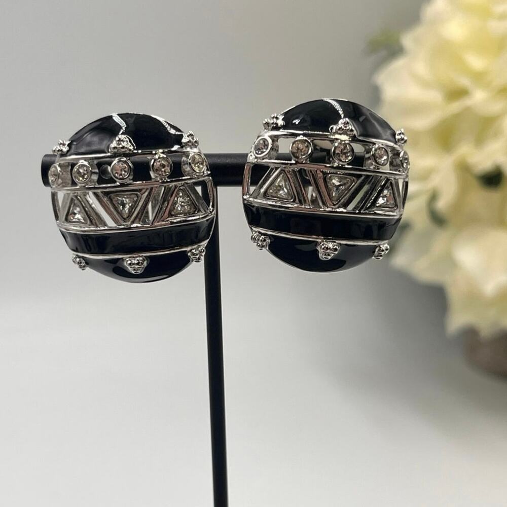 *Ivana Trump Signed Vintage Silvertone Black‎ Enamel Round Clip On Earrings